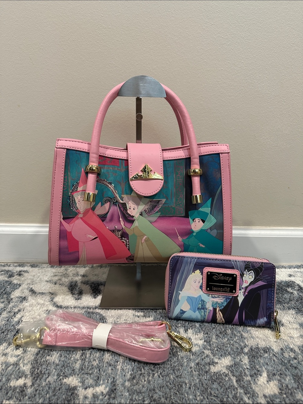 Loungefly Pink Multicolor Disney Sleeping Beauty Satchel with Matching Wallet